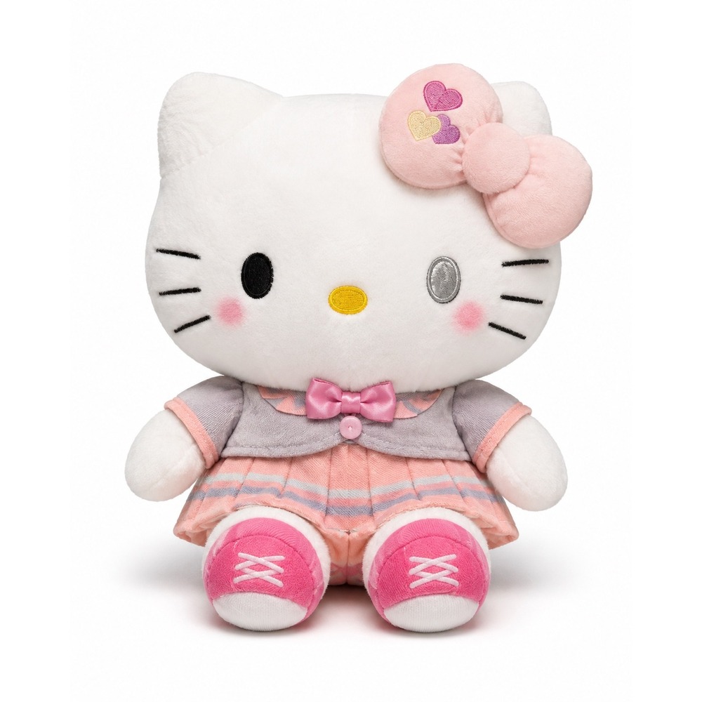 Sanrio Hello Kitty Schoolgirl Plush Doll Pink Heart Bow Mismatched Eyes 10in